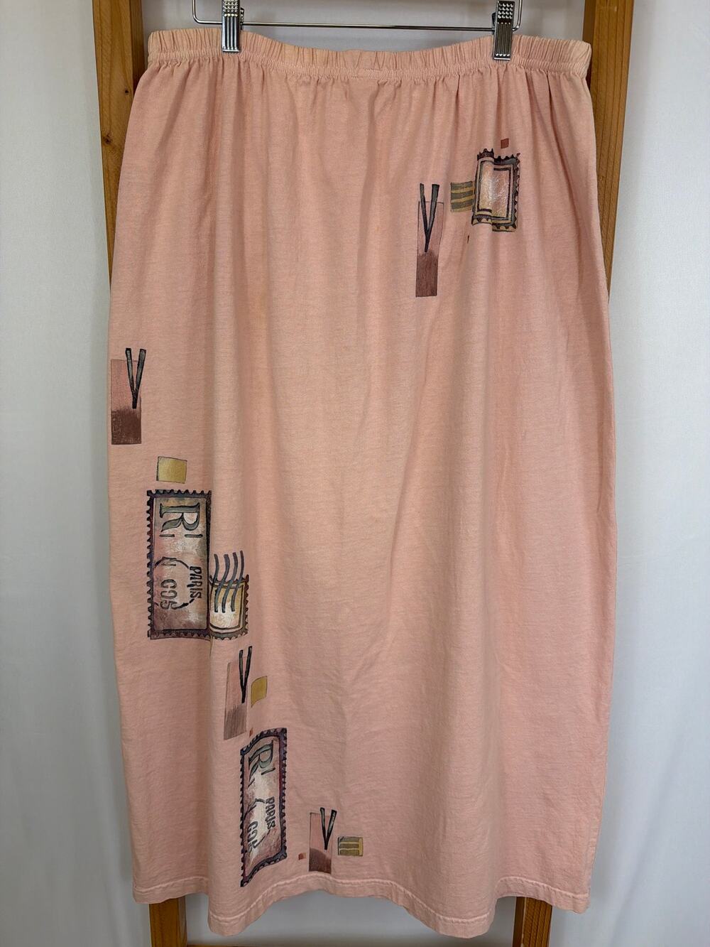 Blue Fish Salmon Pink Hand Printed Long Cotton Skirt Made in USA Size 2 XL - XXL